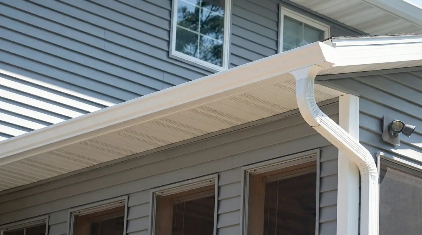 Professional home remodeling project showing newly installed white seamless gutters and downspouts on a house with gray siding in Rockford, IL