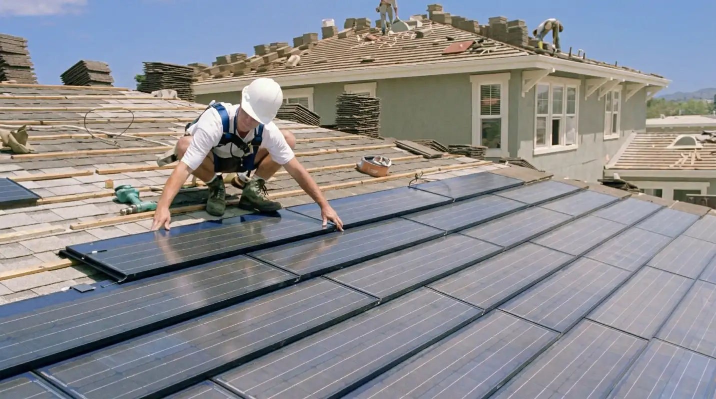 Roof replacement expert installing modern solar shingles on a residential home in Rockford, IL