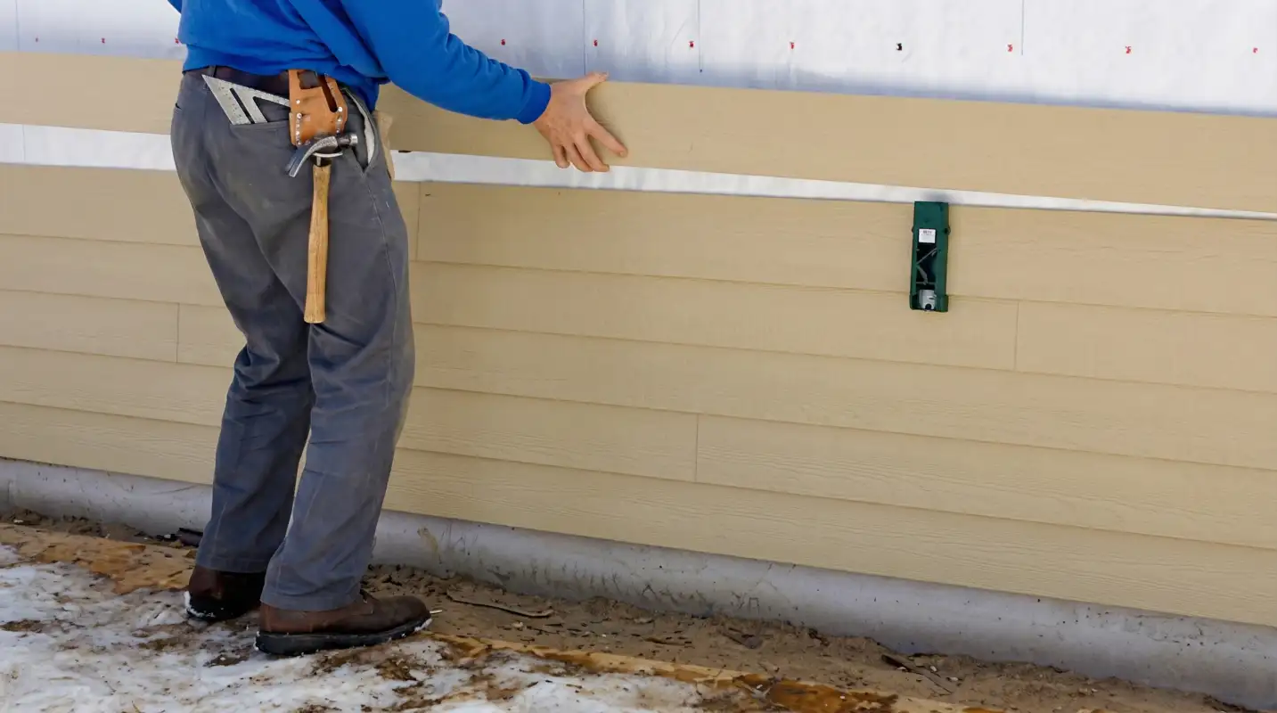 Siding replacement expert carefully aligning a new tan siding panel onto a residential exterior wall in Rockford, IL