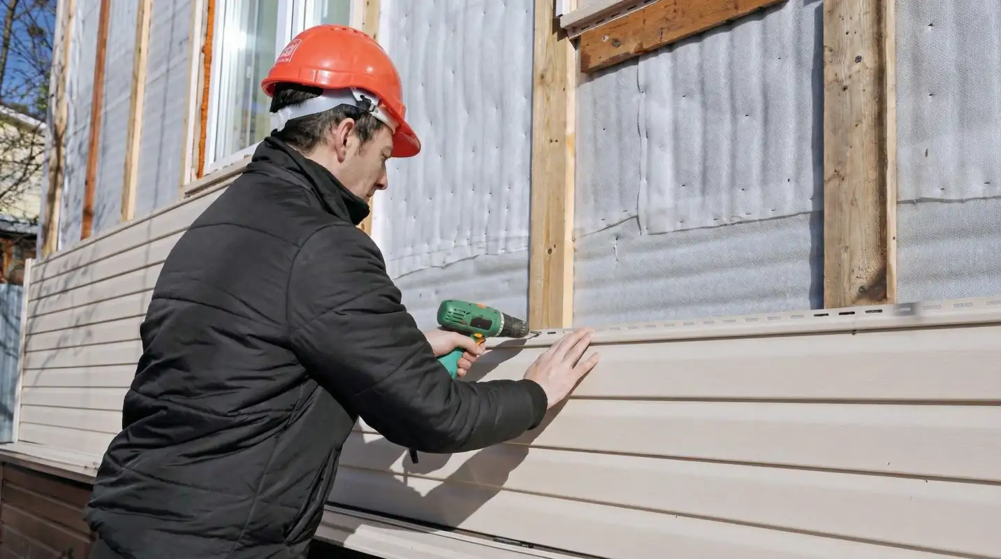 Siding replacement professional using a power drill to install new tan vinyl siding on a home exterior in Rockford, IL