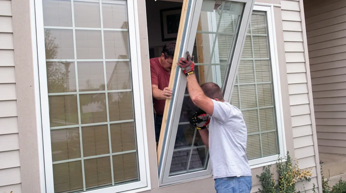 Professional home remodeling team installing a large replacement window on a house with tan siding in Rockford, IL