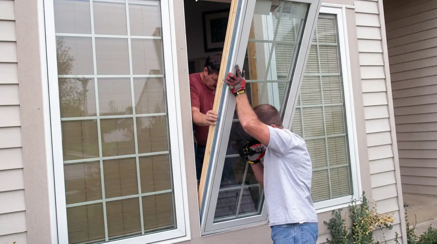 Professional home remodeling team installing a large replacement window on a house with tan siding in Rockford, IL